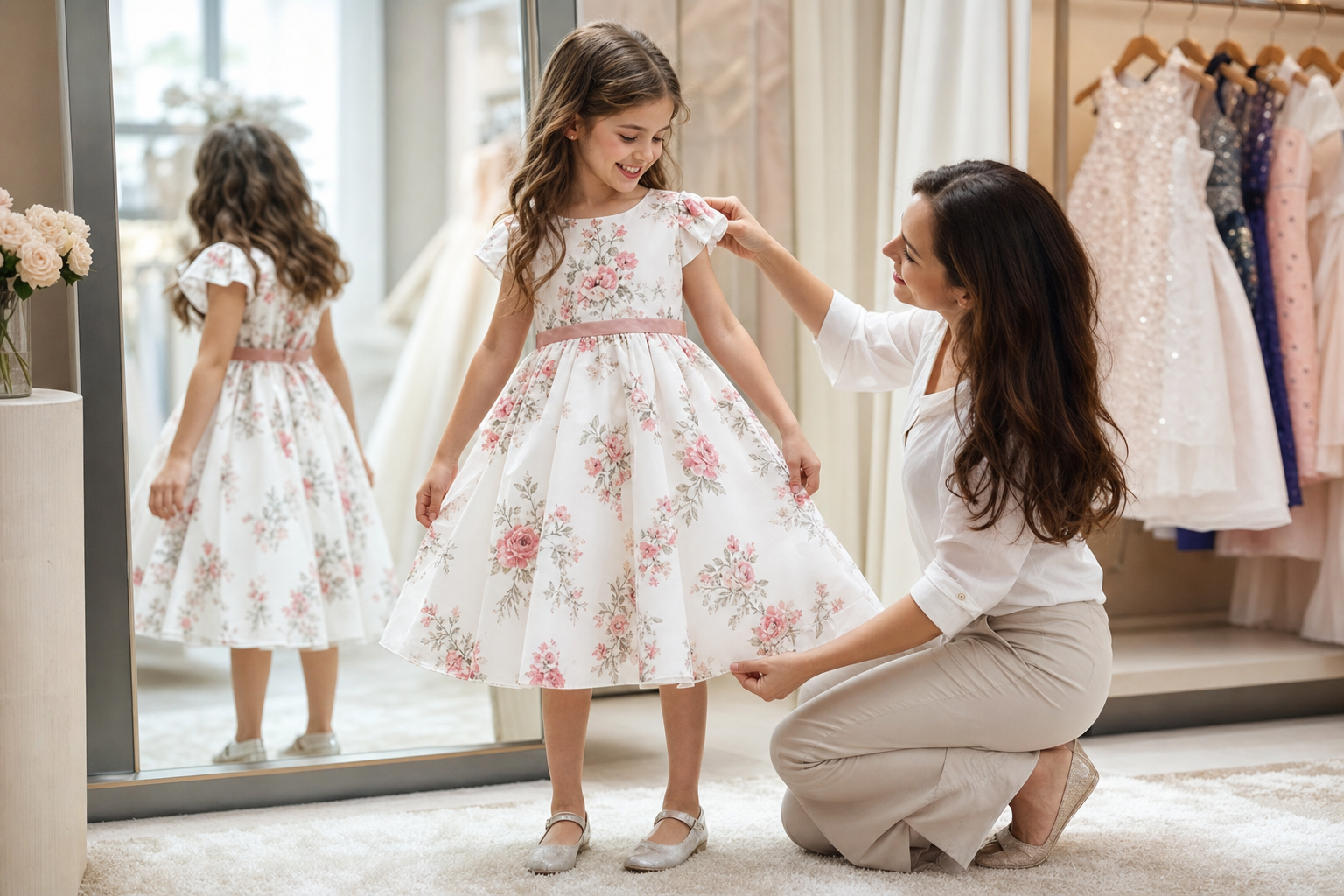 Menina experimentando vestido infantil confortável para fotos