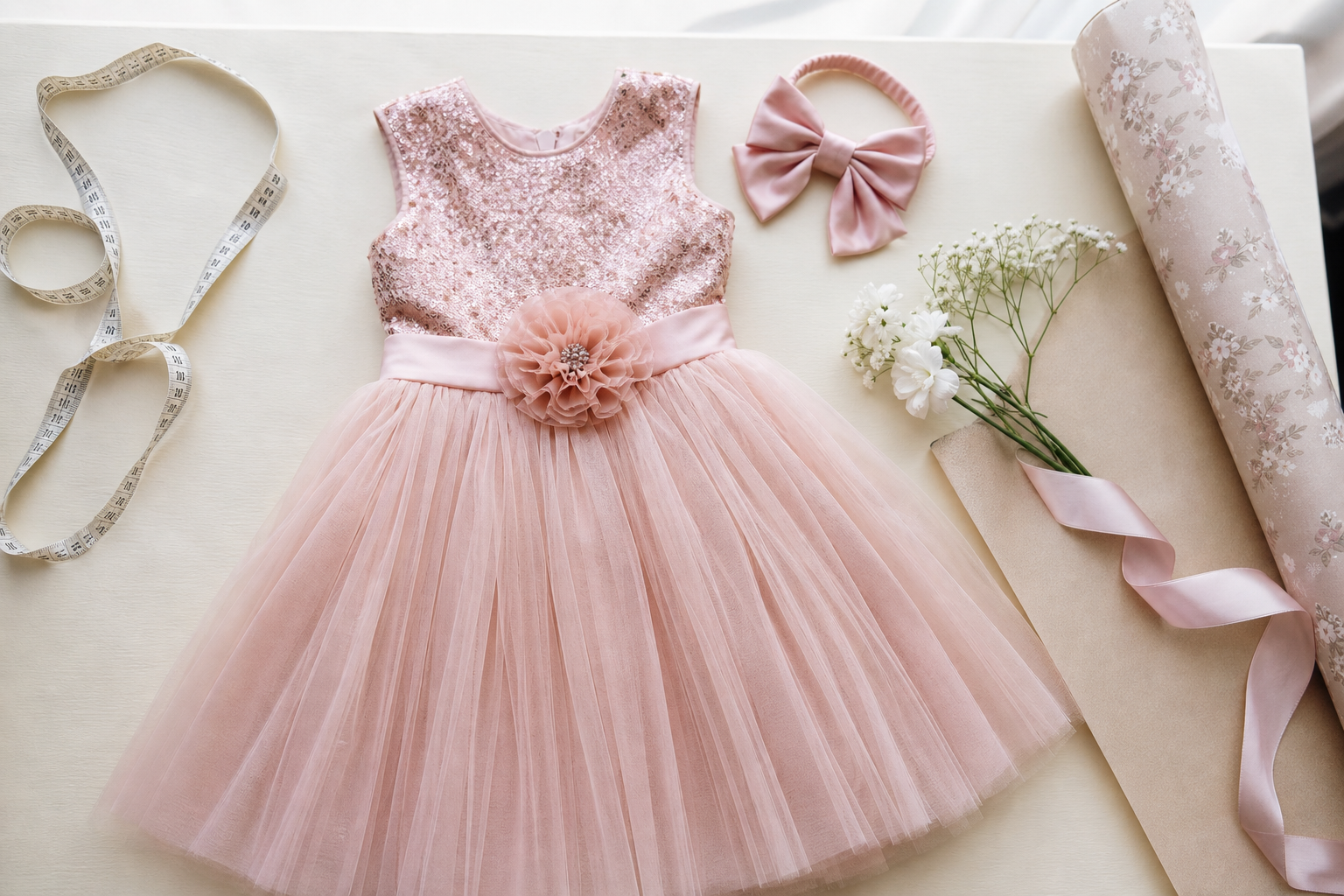 Vestido infantil com fita métrica e acessório para ensaio