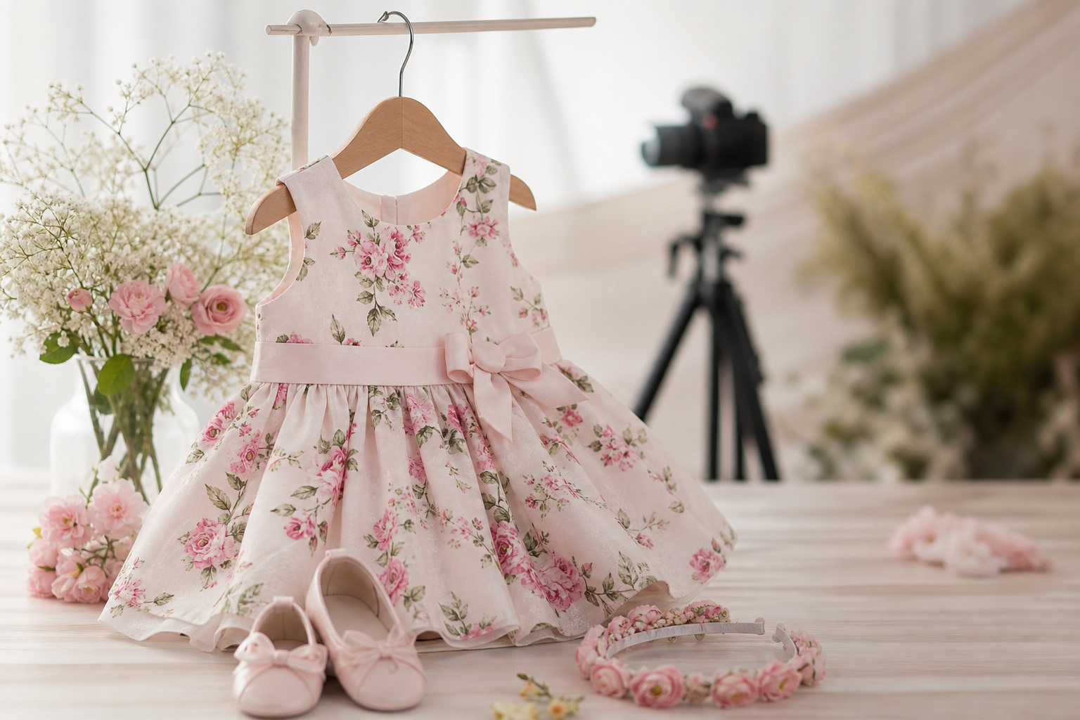 Vestido infantil floral em cenário de ensaio fotográfico com câmera e acessórios