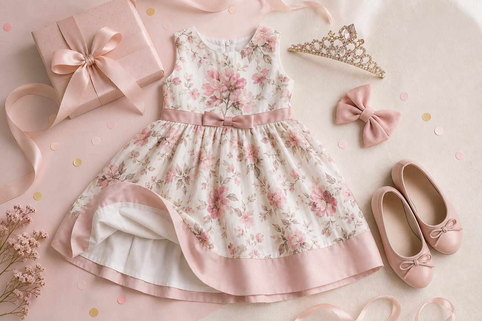 Vestido floral infantil com sapatilha, tiara, laço e caixa de presente para look de aniversário