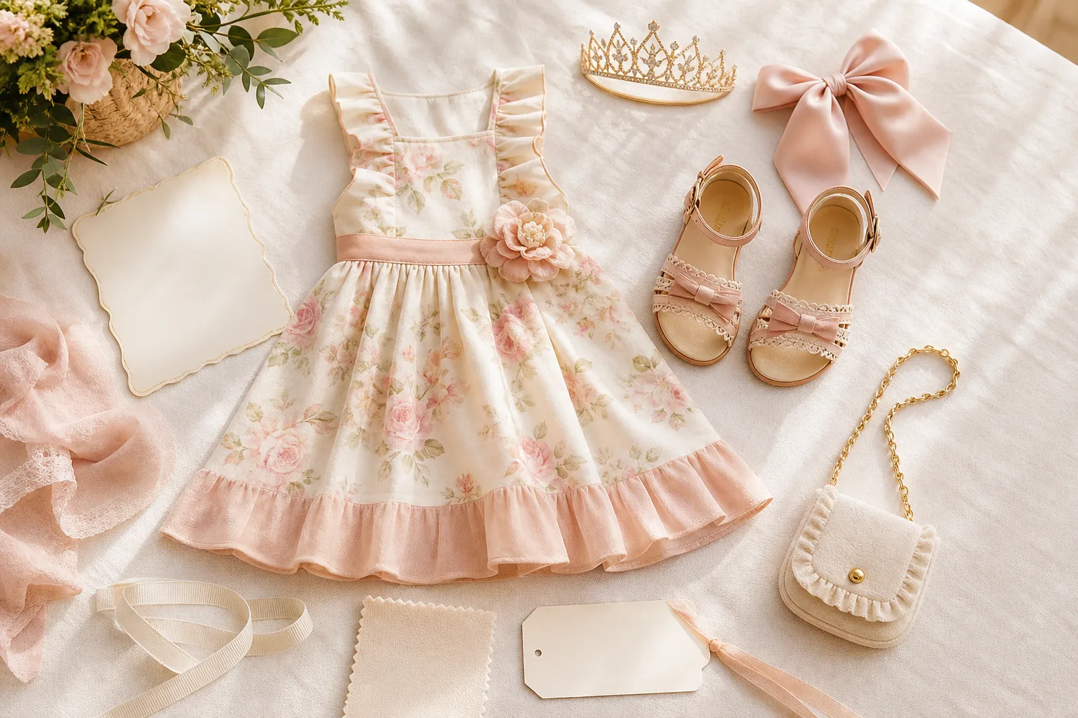 Vestido infantil floral com sandálias, tiara, laço, bolsa e acessórios para aniversário