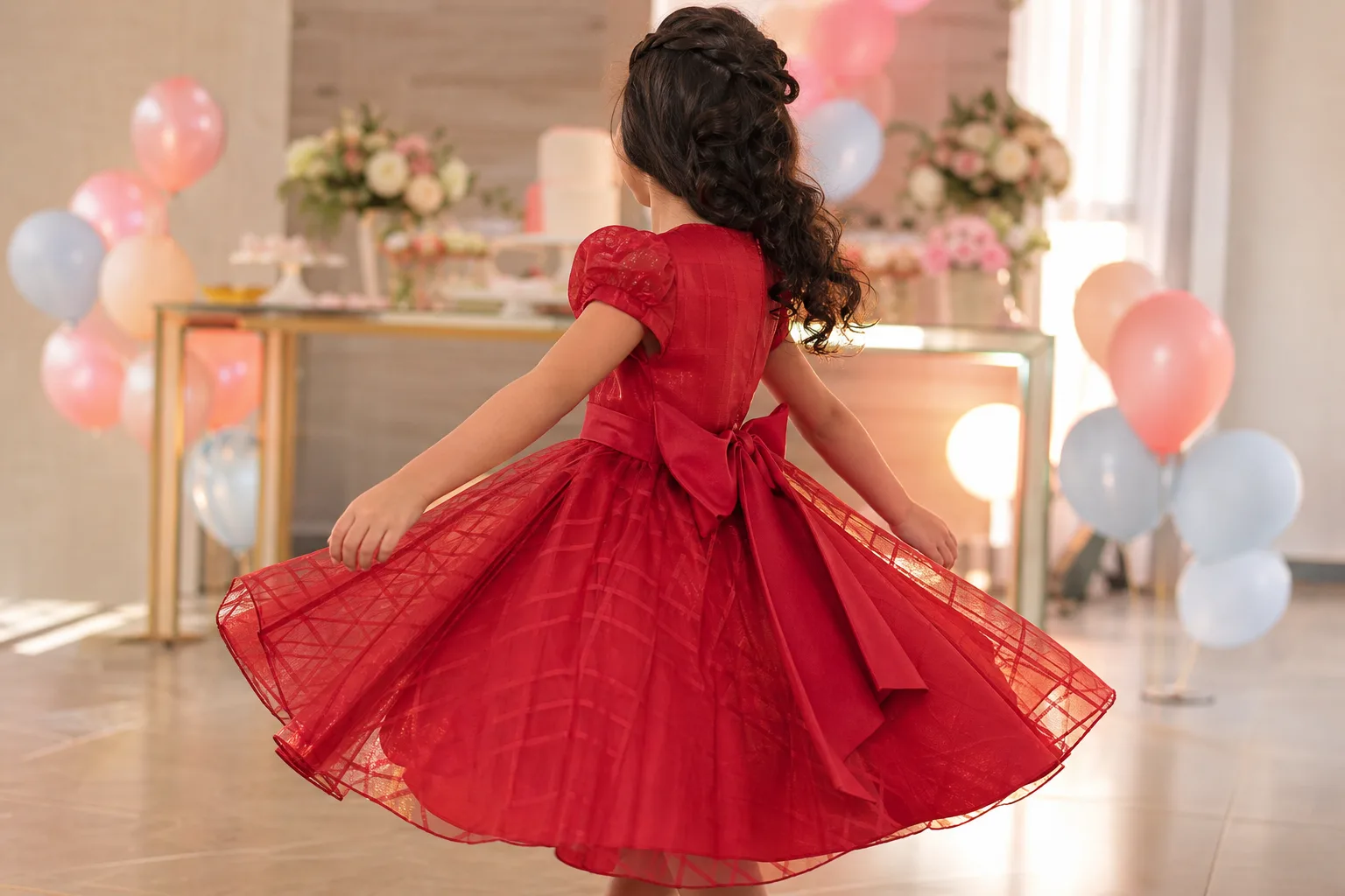 Menina de costas usando vestido vermelho em cenário de festa infantil, referência para look de ocasião especial