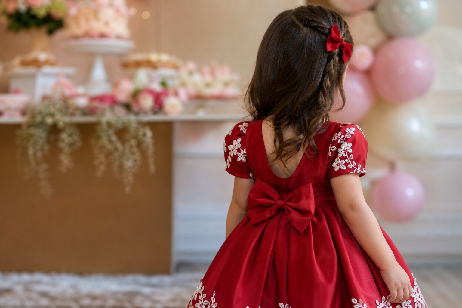 Menina vista de costas com vestido vermelho elegante em festa infantil, referência para ocasião especial