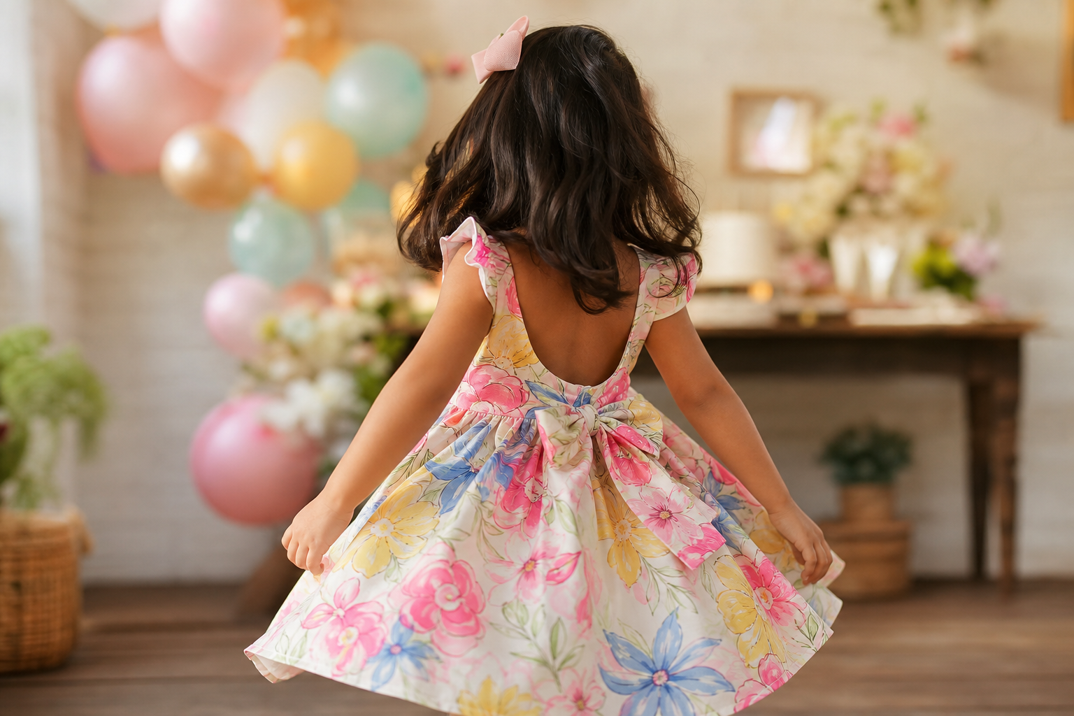 Menina de costas usando vestido infantil florido em festa de aniversário, referência de conforto para festa infantil