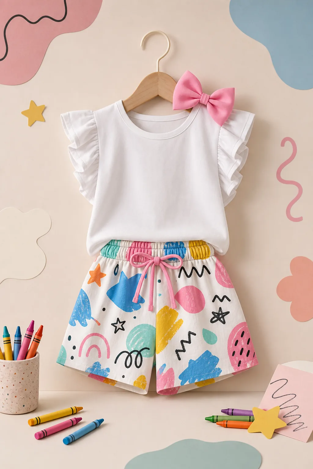 Look infantil em cabide com blusa branca, short colorido com desenhos abstratos e laço rosa