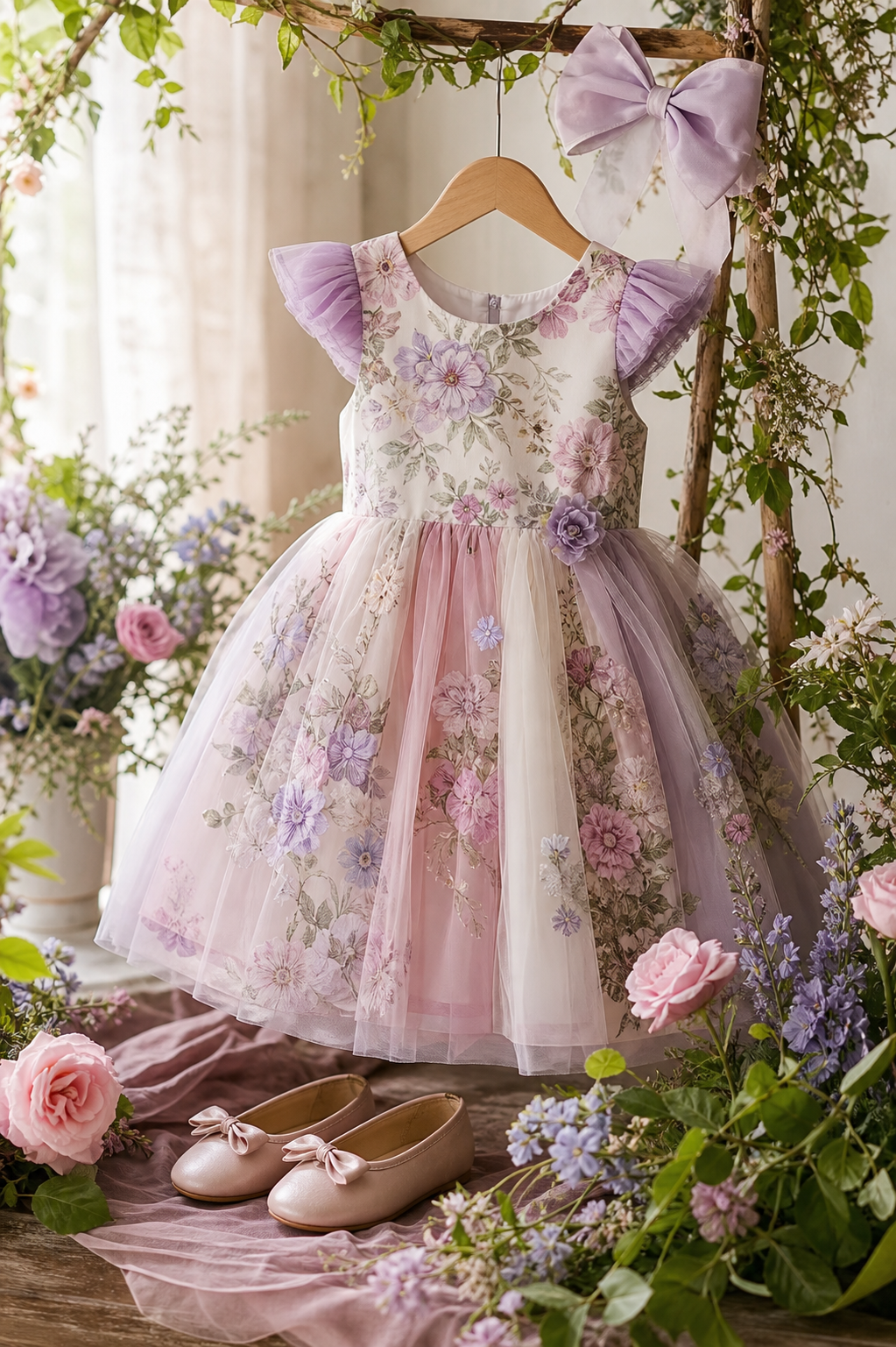 Vestido infantil floral com tule em cabide, laço e sapatilhas para inspiração de look Jardim Encantado