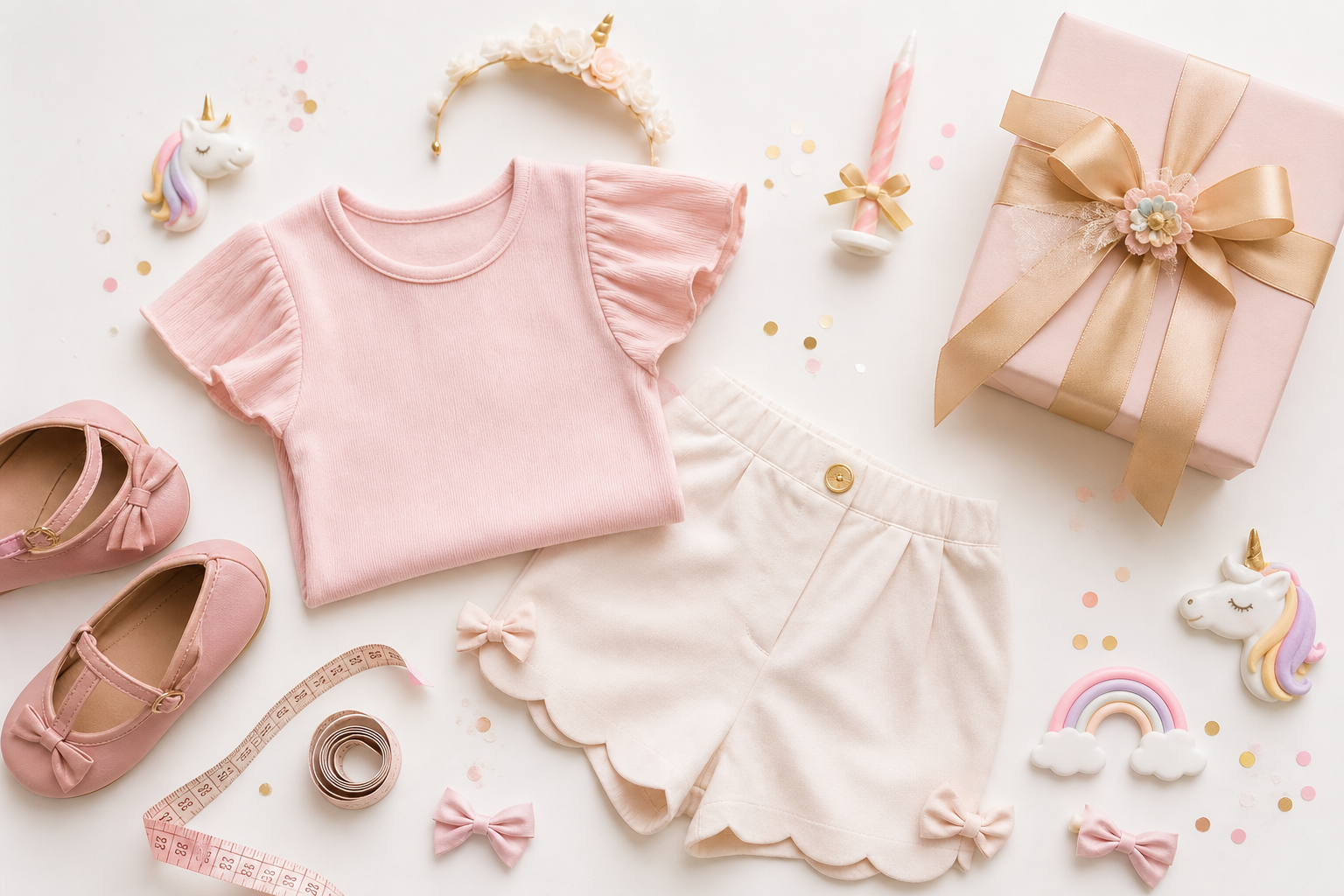 Blusinha rosa, short infantil, sapatinhos e fita métrica para montar look de aniversário confortável