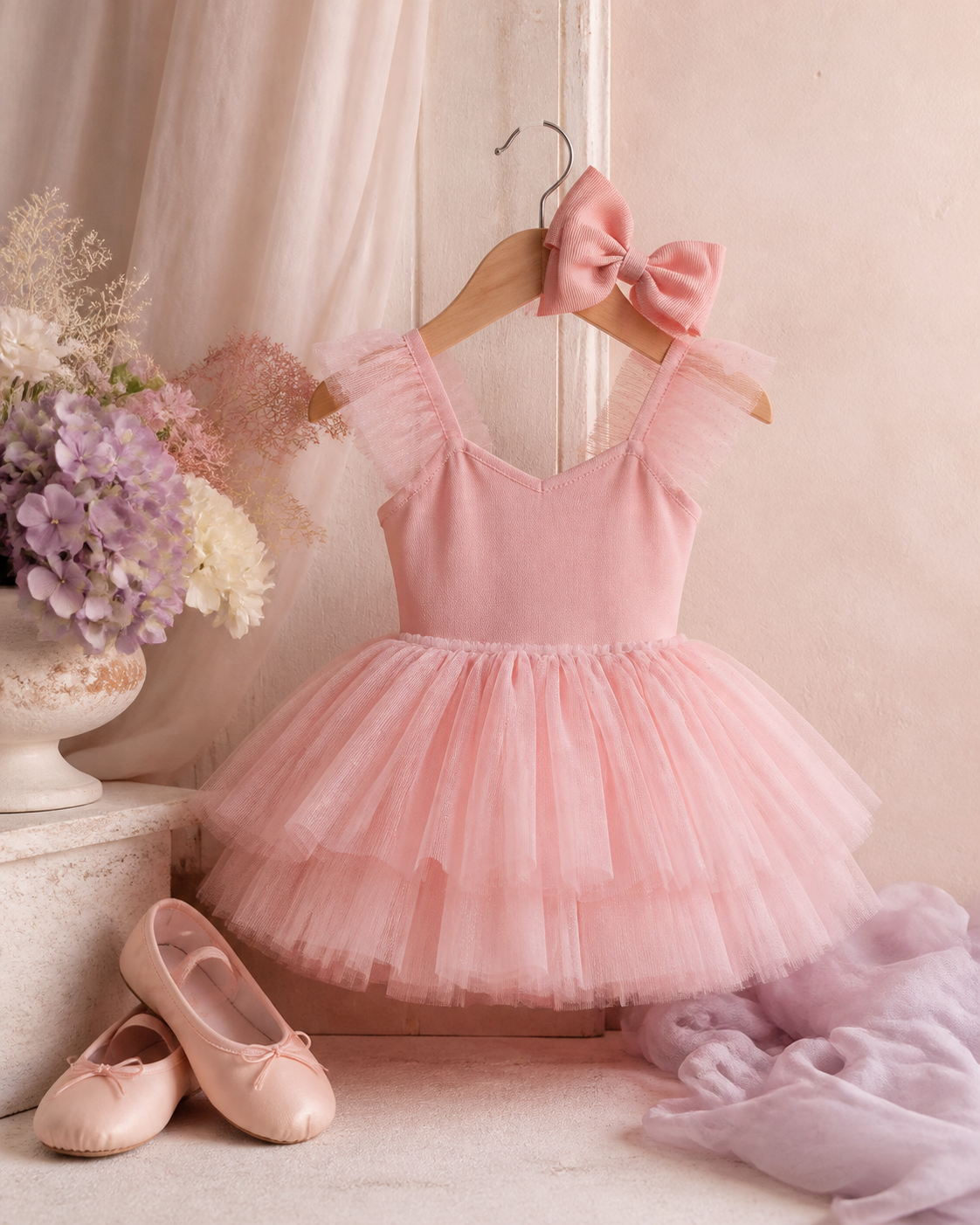 Vestido infantil rosa estilo bailarina em cabide com laço e sapatilhas, inspiração de look para festa