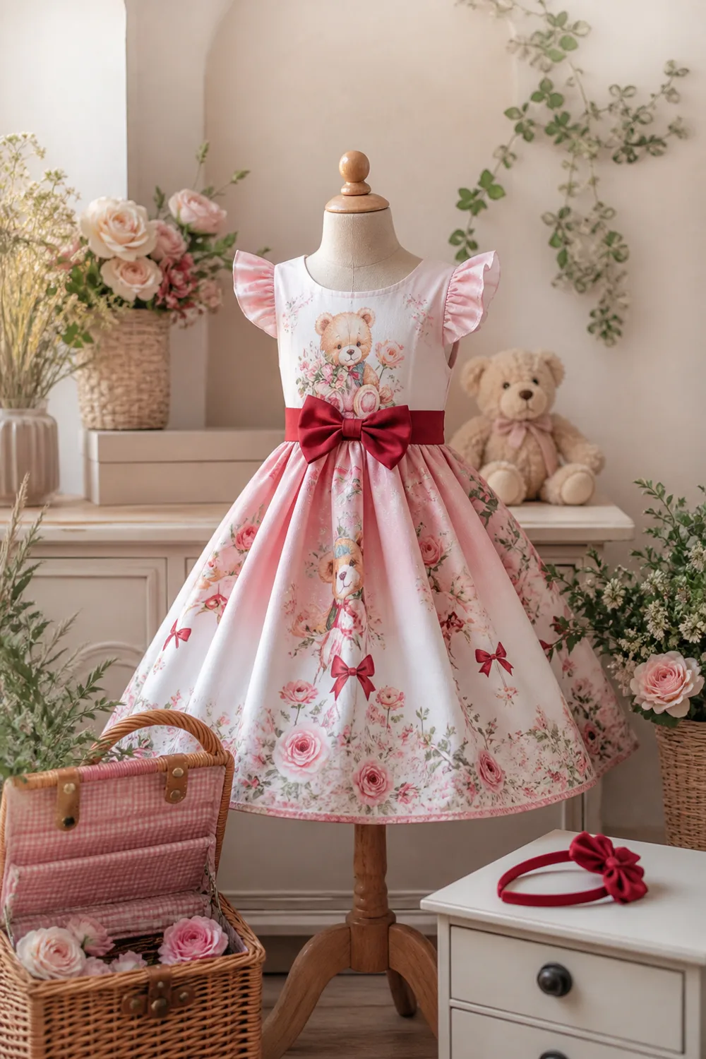 Vestido infantil rosa e branco com laço vermelho e detalhes de urso em cenário delicado