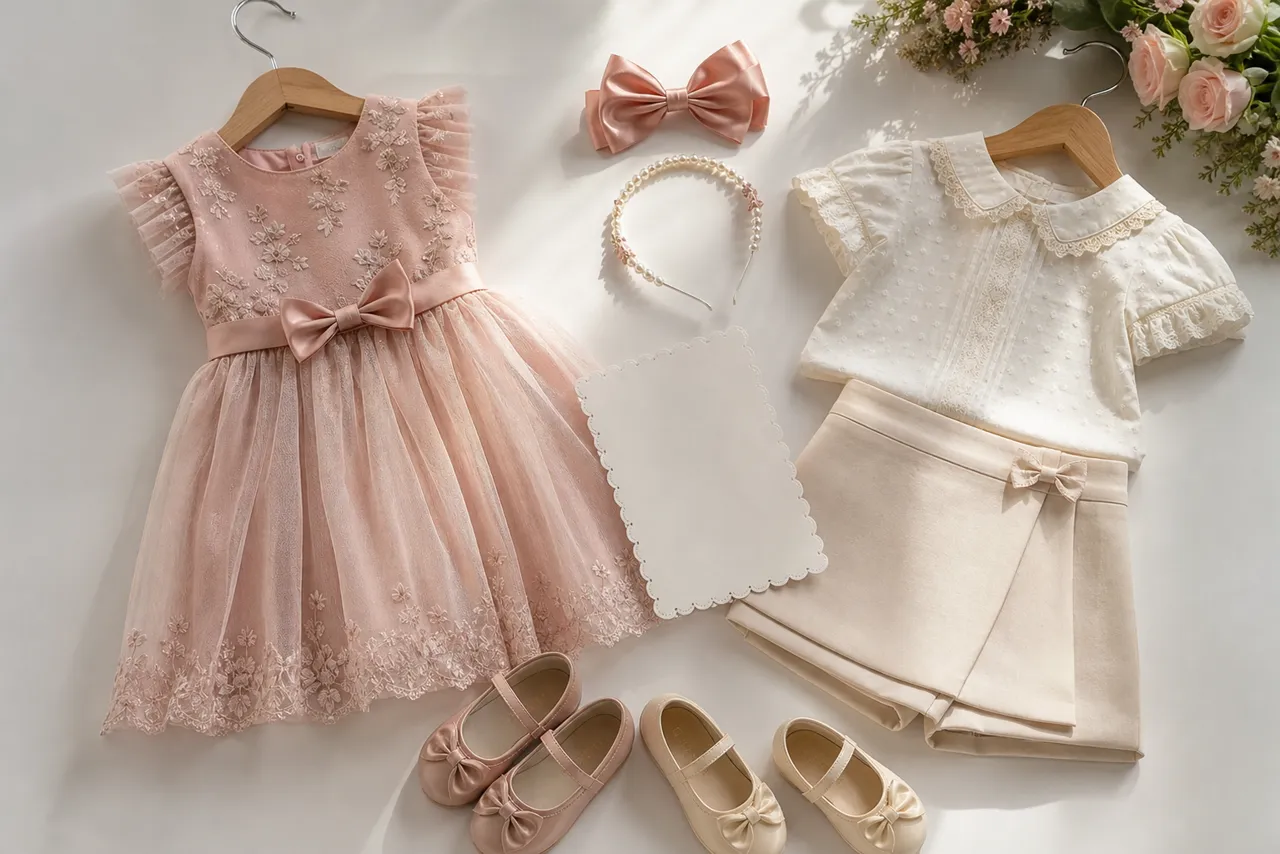 Looks infantis femininos delicados com vestido, conjunto, laço e acessórios para ocasiões especiais