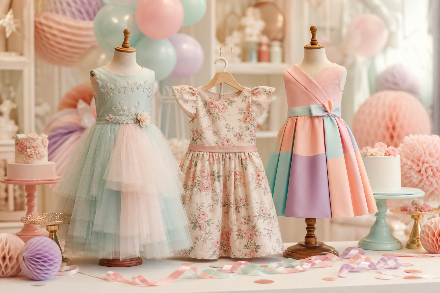 Três vestidos infantis em manequins com decoração de festa em tons pastel