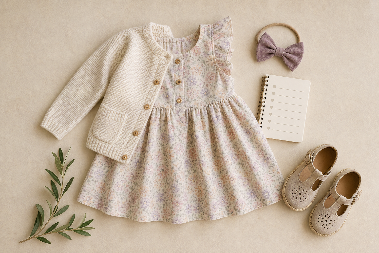 Look infantil de viagem com vestido cardigan sapatos e acessório