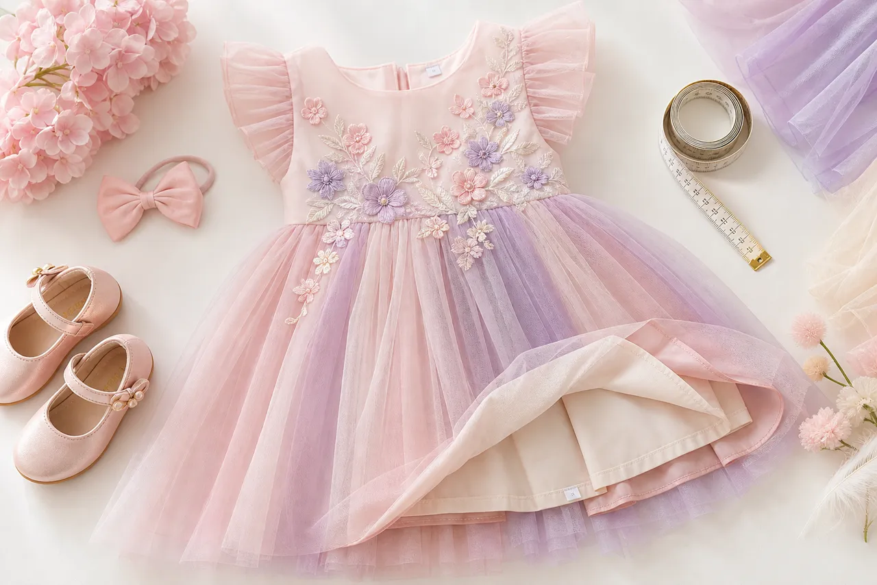 Vestido infantil em flat lay com tule, forro macio, fita métrica, laço e sapatos para conferir tamanho e conforto