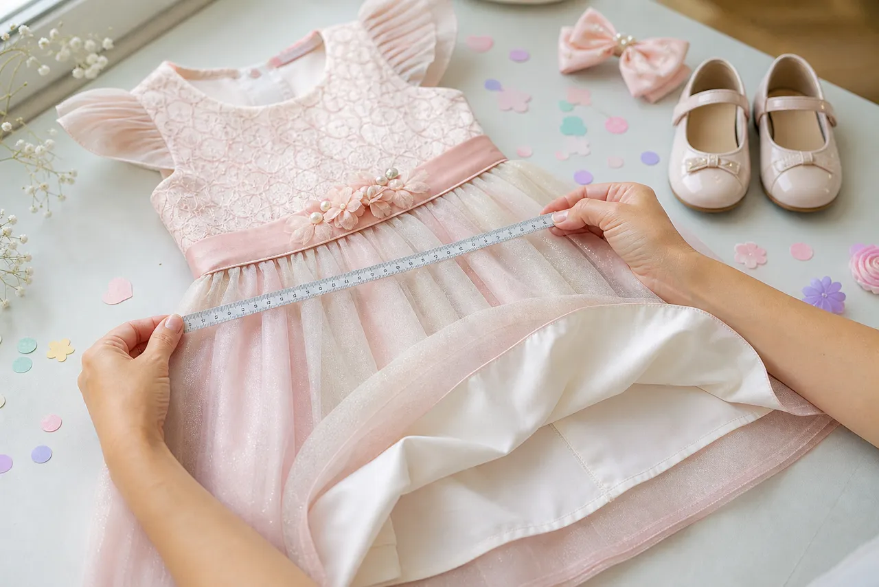 Vestido infantil sendo medido com fita, mostrando tecido, forro, cintura e acabamento para conforto