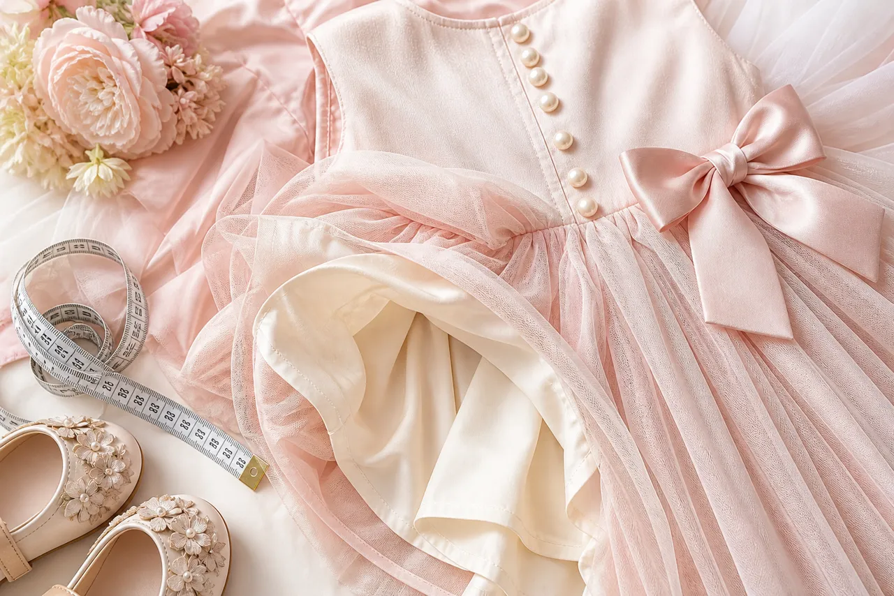 Vestido infantil com tule, forro macio, fita métrica, laço e sapatos para conferir tamanho e conforto