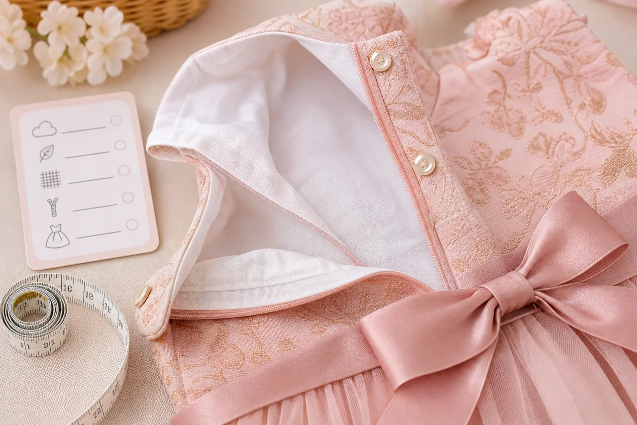 Detalhe de vestido infantil com forro macio, botões, costura, tule, laço e fita métrica para avaliar conforto