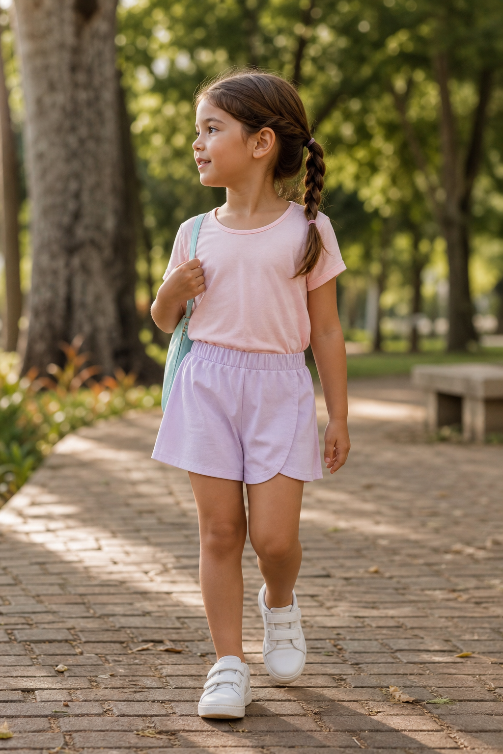 Menina usando conjunto infantil feminino confortável para passeio em praça arborizada