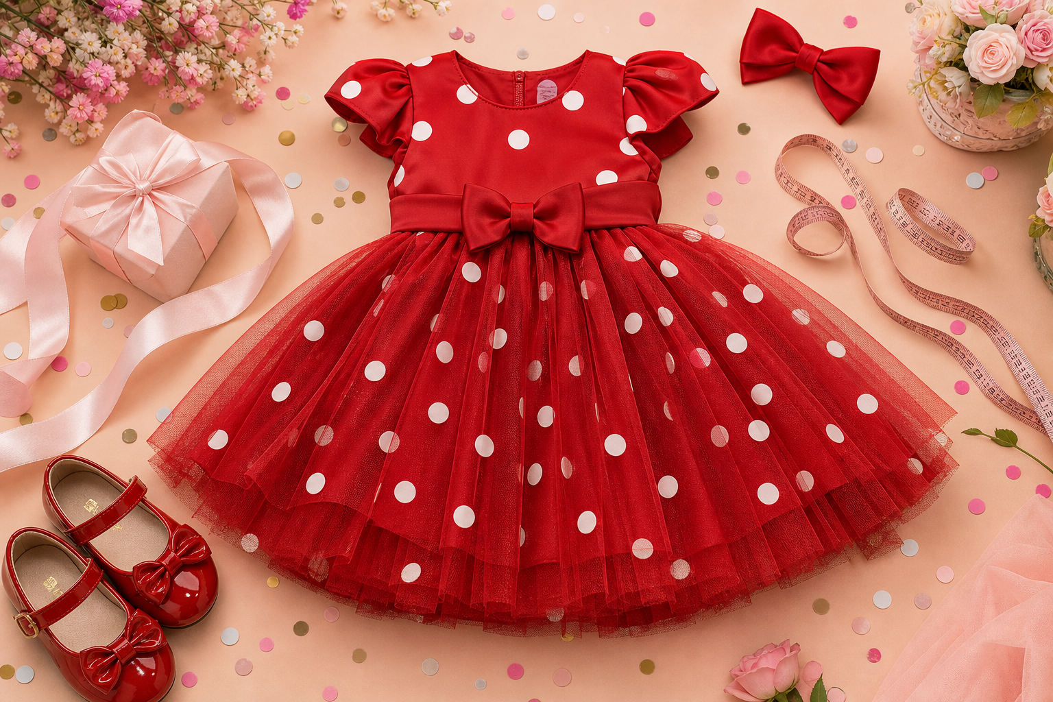 Vestido infantil vermelho de poá com laço, sapatinho, fita métrica e decoração de festa para ocasiões especiais no Aeroviário, Goiânia