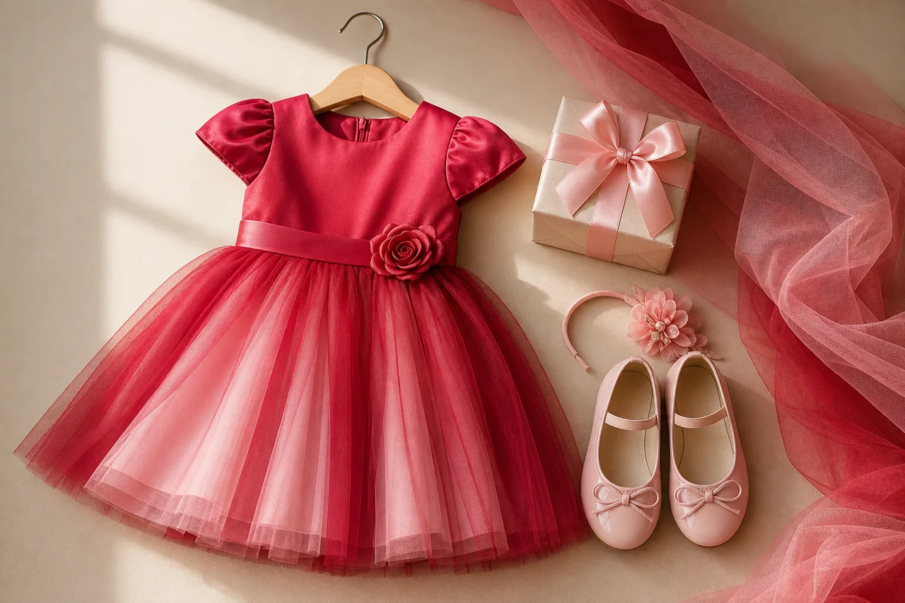 Vestido infantil vermelho/rosa para ocasião especial com sapatilhas, tiara, tule e presente