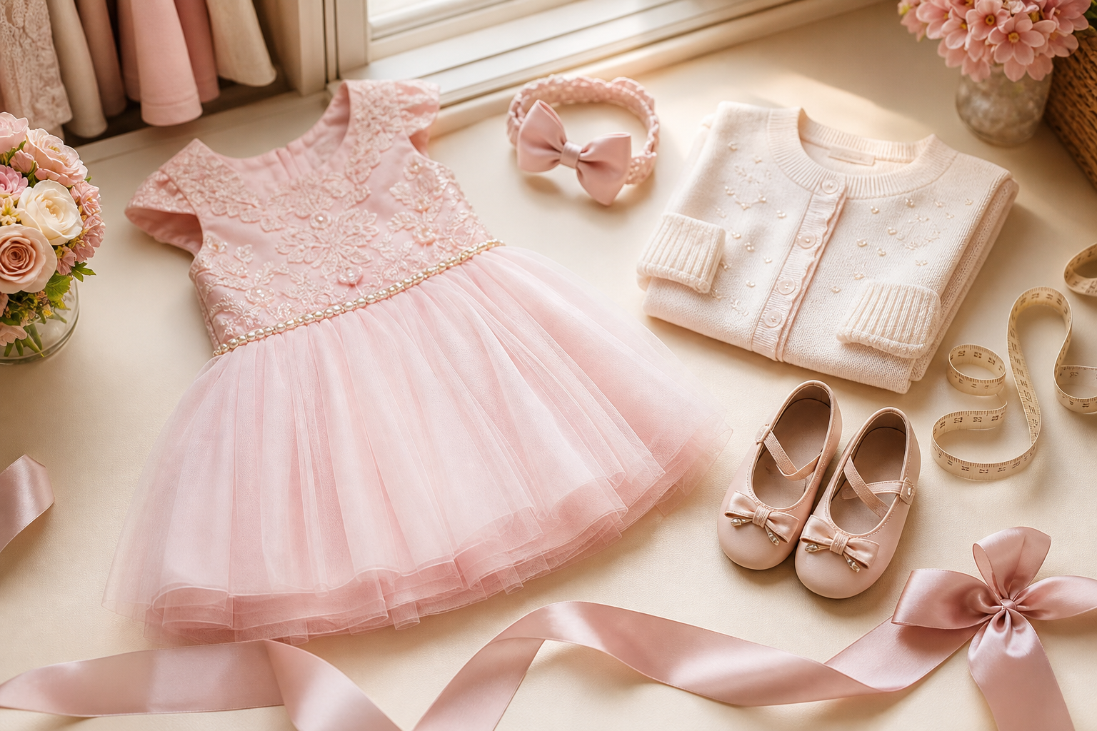 Vestido infantil rosa de ocasião especial com cardigan, sapatilhas, laço e fita métrica para conferir tamanho