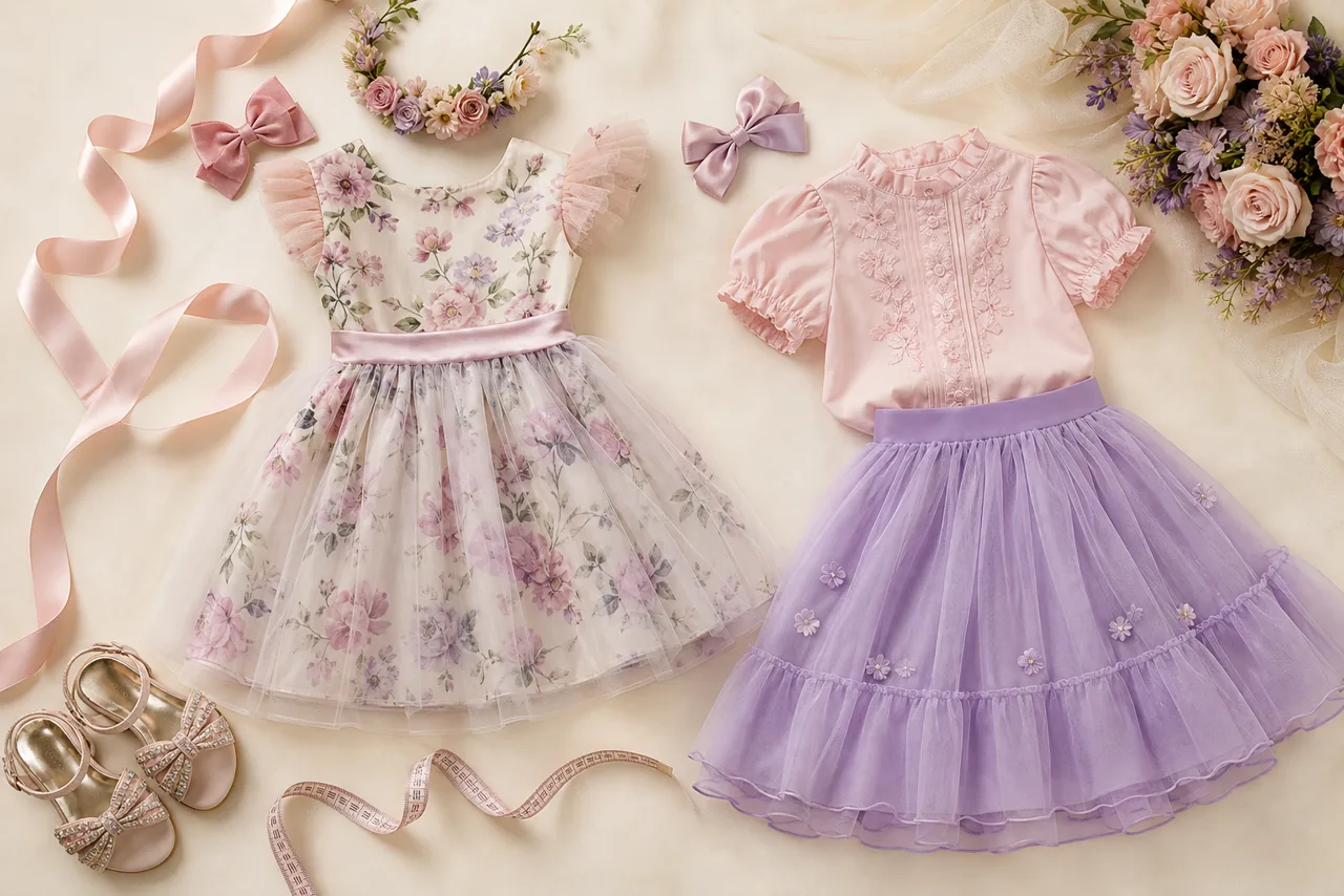 Dois looks infantis femininos elegantes com vestido floral, blusa, saia, sapatos, laços e bolsa para ocasião especial