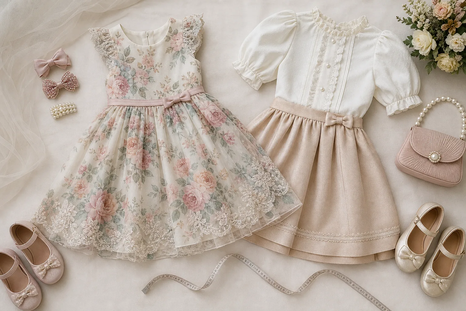 Dois looks infantis femininos elegantes com vestido floral, blusa, saia, sapatos, laços e bolsa para ocasião especial
