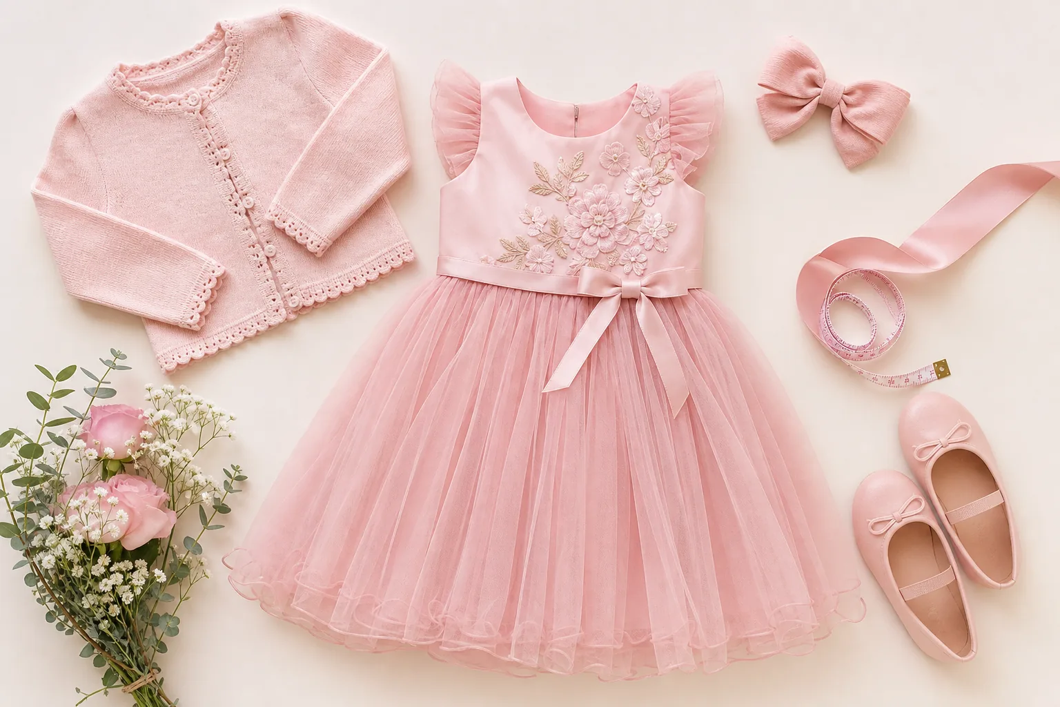 Vestido infantil rosa de tule com casaquinho, laço, sapatilhas, flores e fita métrica para ocasião especial