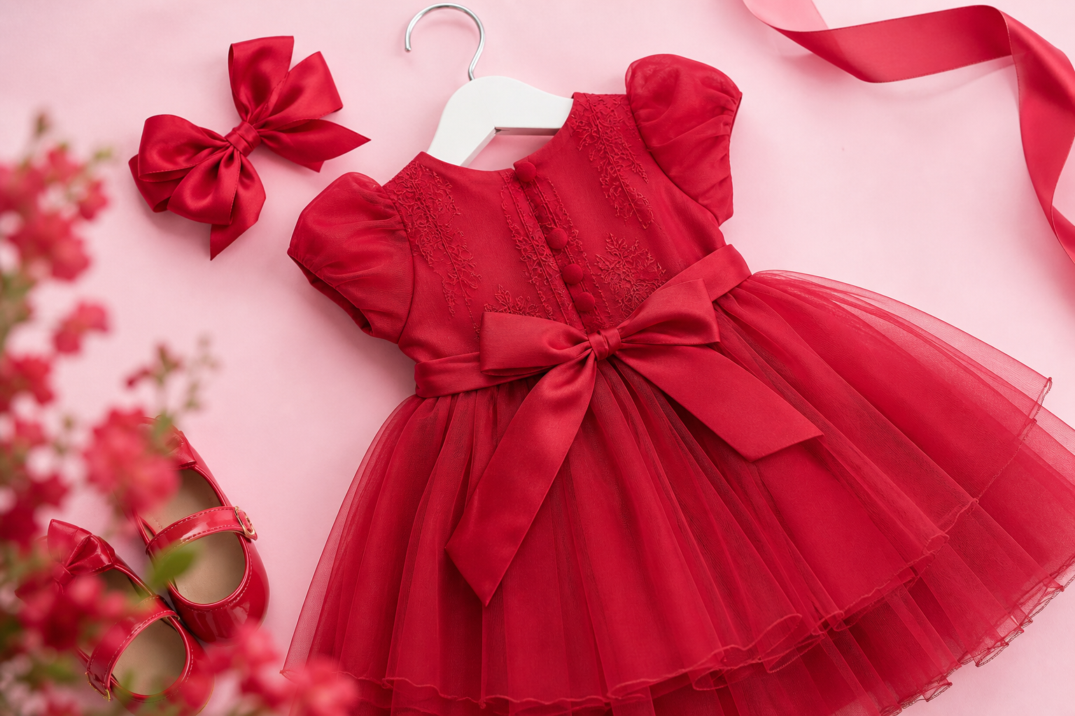 Vestido infantil vermelho com tule, laço e acabamento delicado para ocasião especial em Goiânia