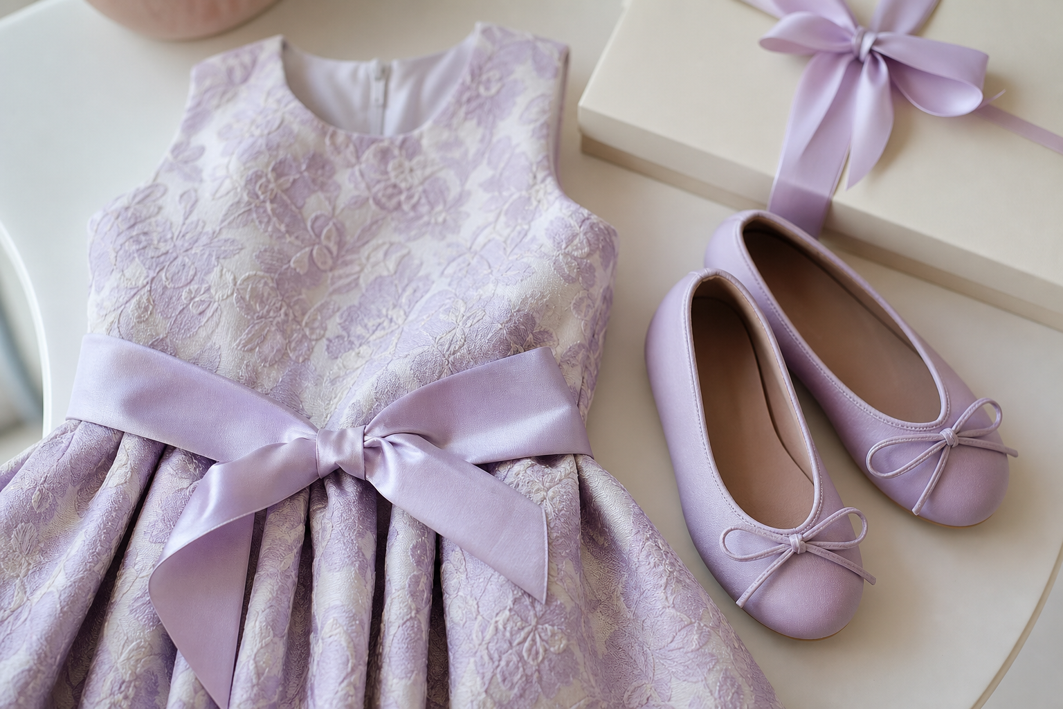 Detalhes de vestido infantil e embalagem de presente