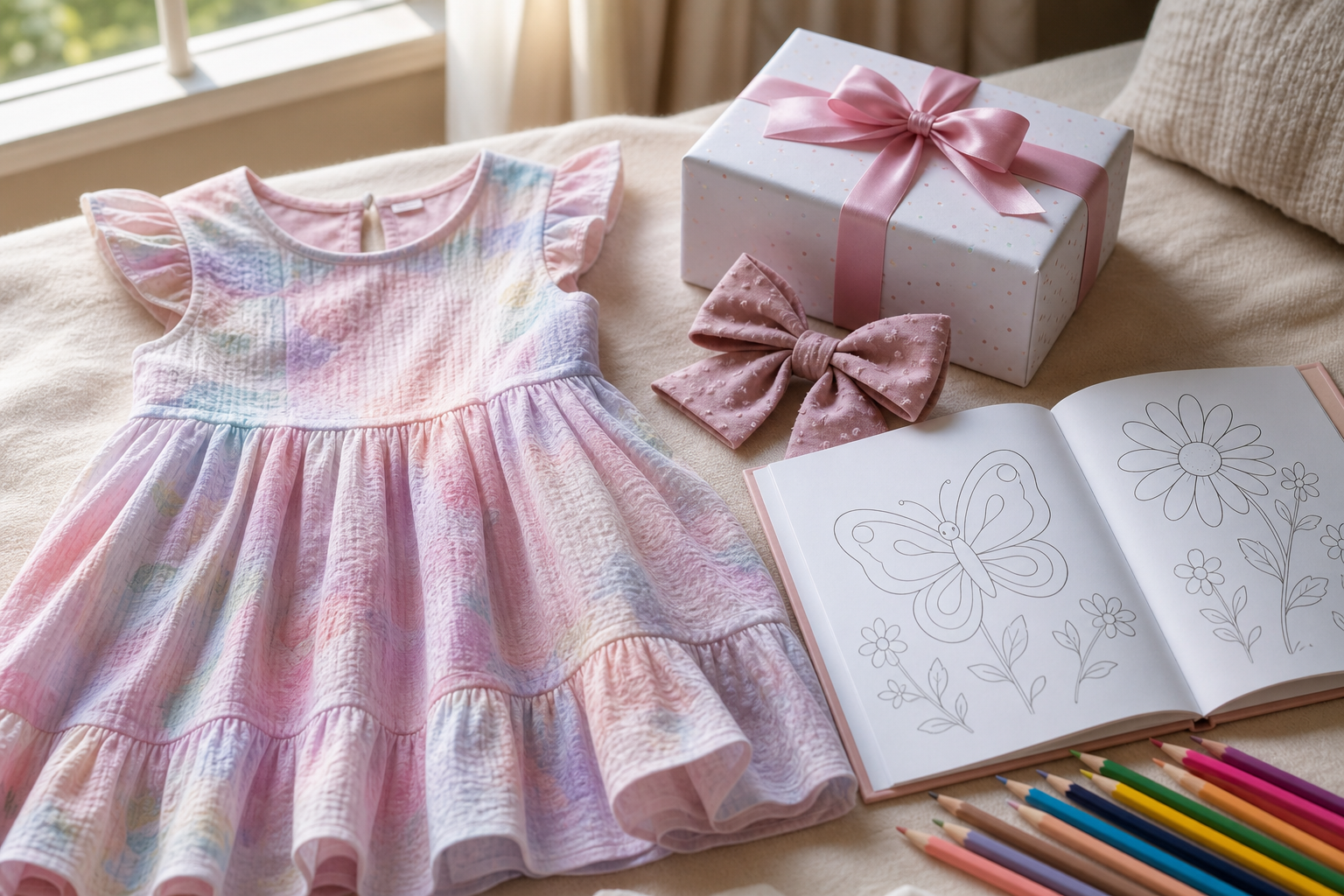 Ideias de presente para menina de seis anos com vestido e livro de colorir