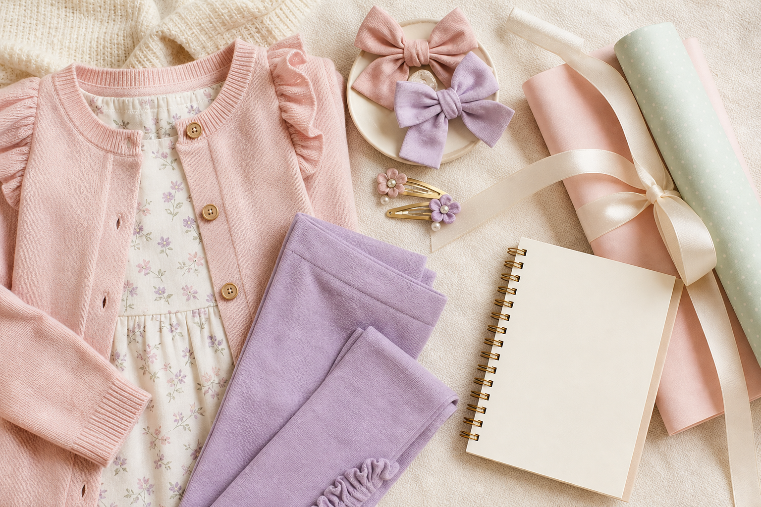 Roupa infantil, acessórios e embalagem de presente para menina de 8 anos