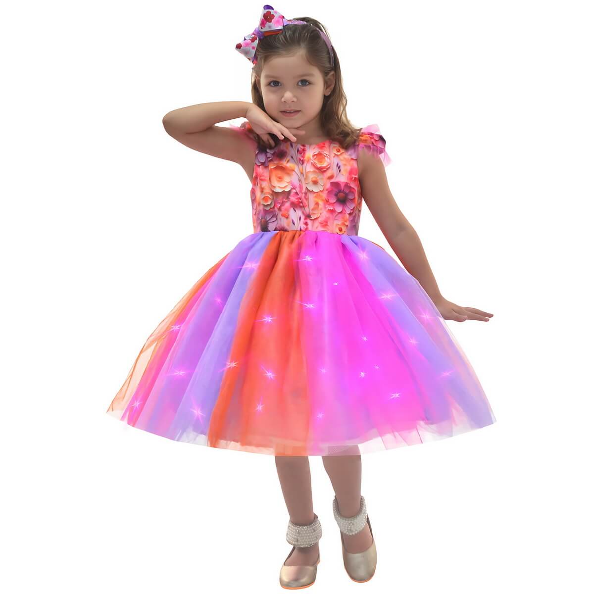 Vestido Jardim Encantado com LED e laço de cabelo vendido na Moderna Meninas