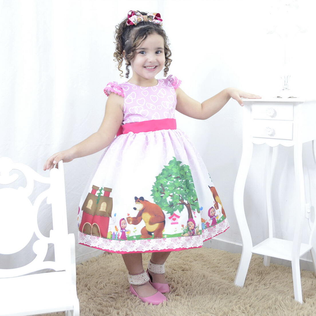 Vestido infantil rosa e vermelho tema Menina e Urso da Moderna Meninas