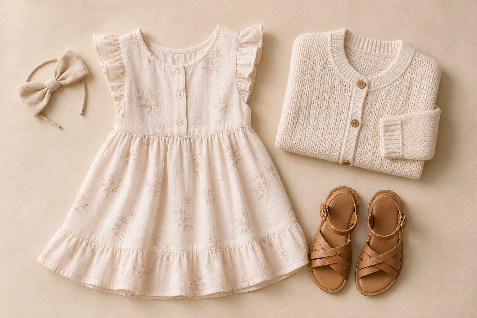 Look infantil casual com vestido cardigan sandálias e acessório