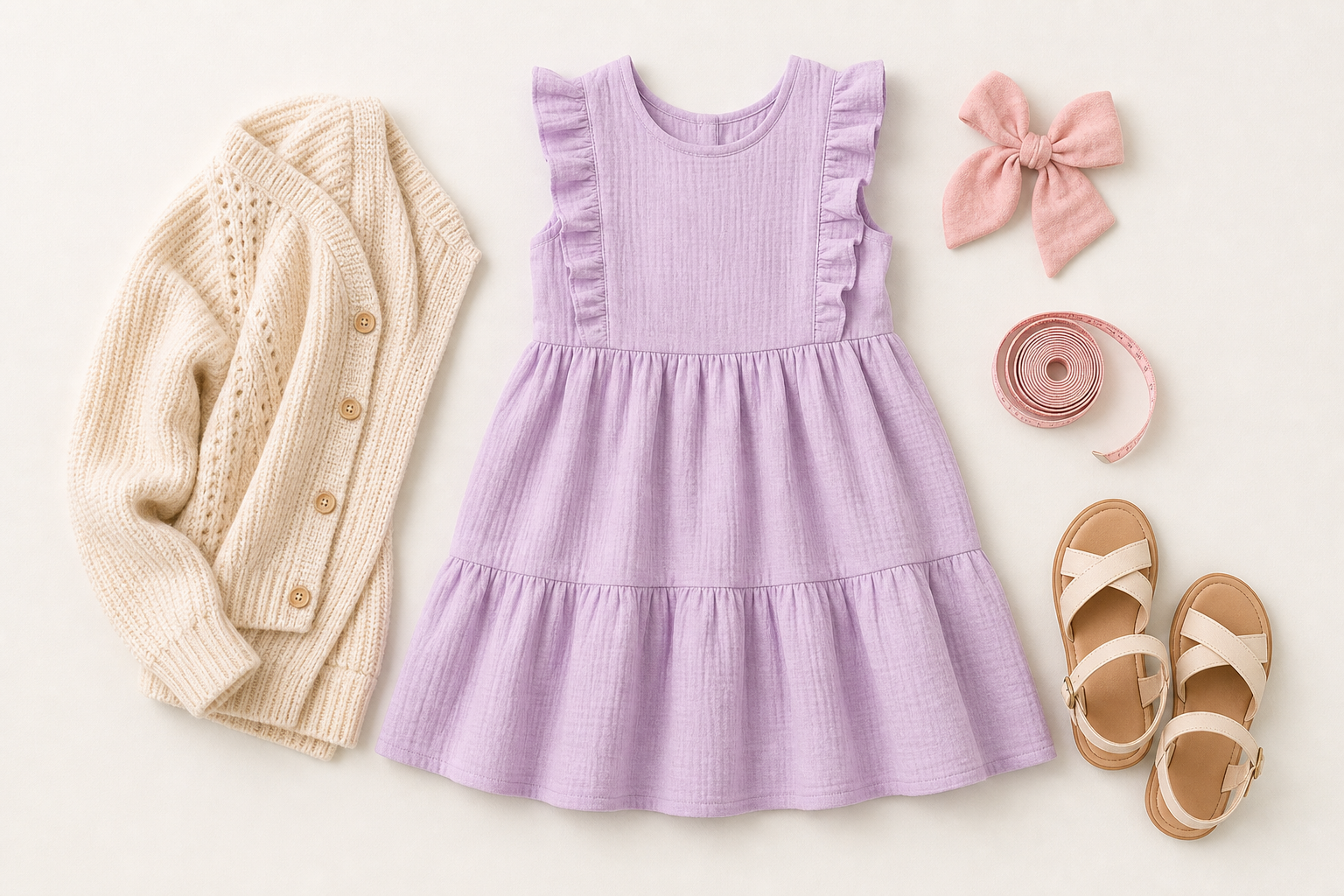 Vestido infantil cardigan sandália e acessório para festa simples