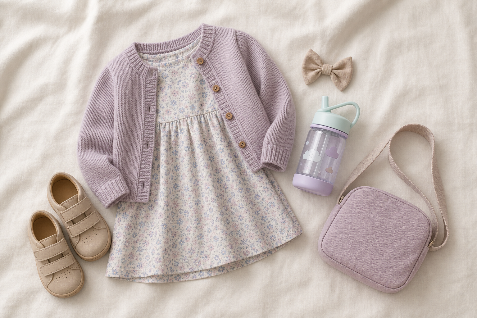 Vestido cardigan sapato e bolsa para consulta infantil