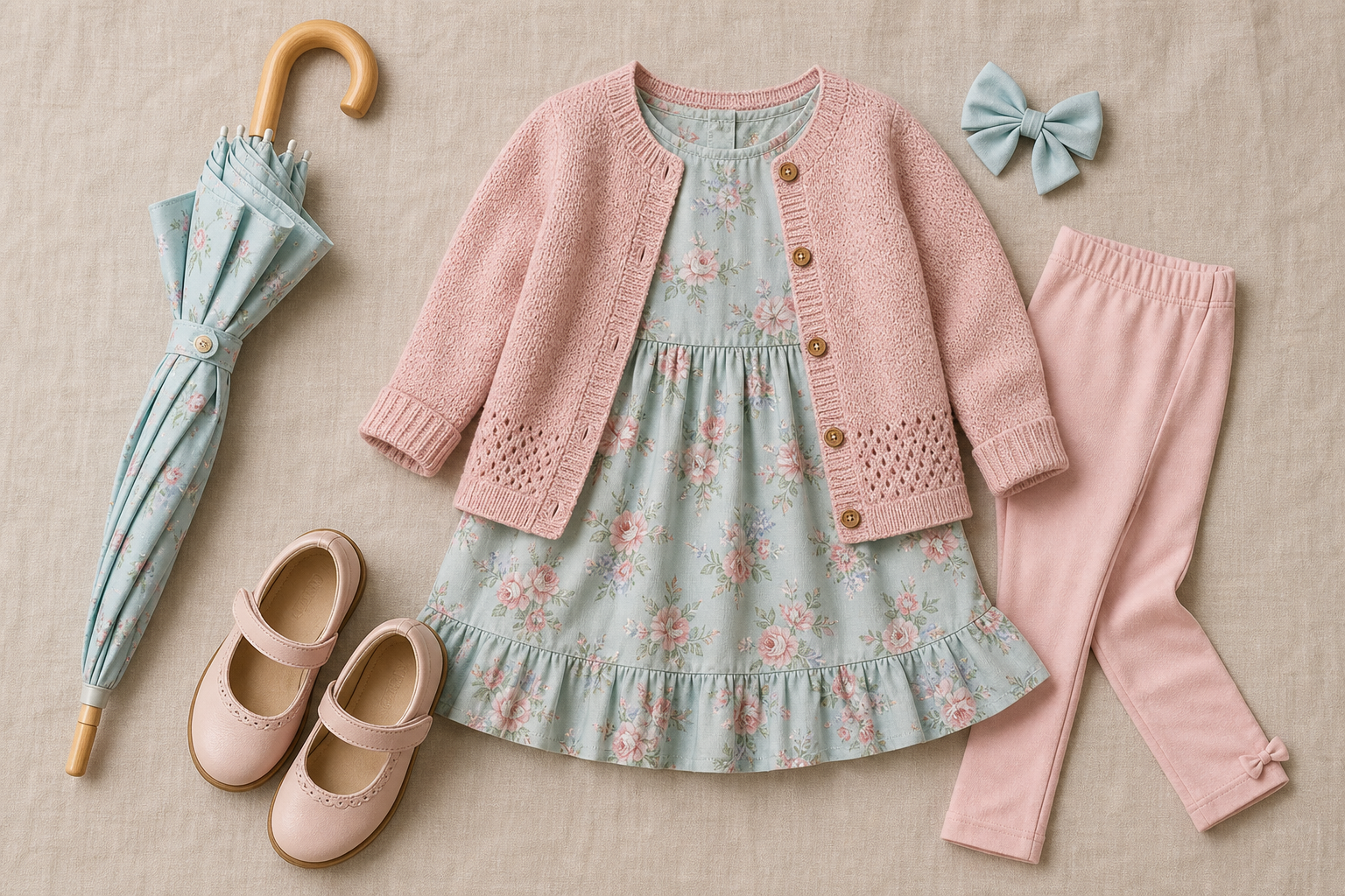 Vestido cardigan legging sapato e guarda-chuva para look infantil de chuva