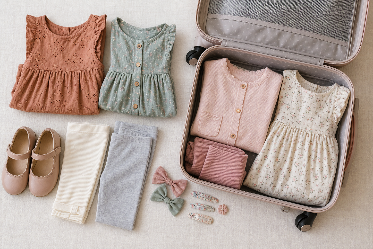 Mala infantil com vestidos leggings cardigan e calçado confortável