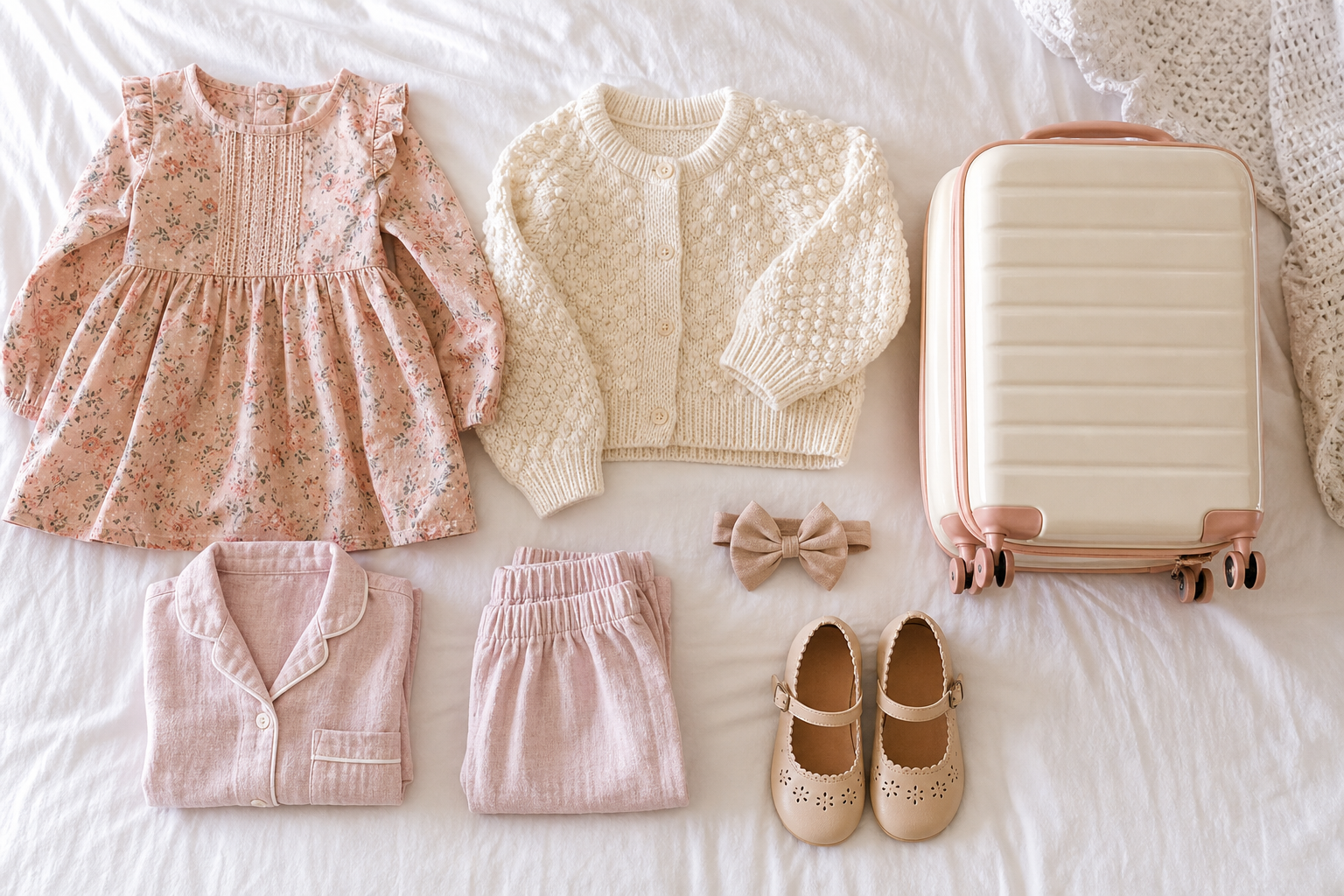 Vestido cardigan pijama sapato e mala pequena para passeio de fim de semana