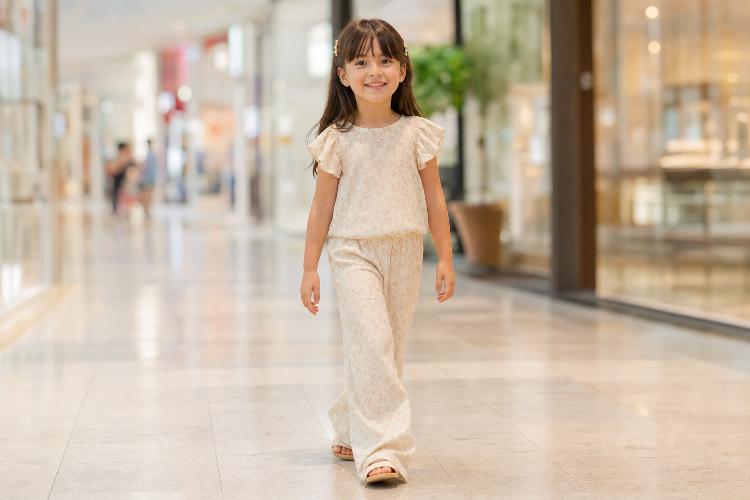 Menina usando roupa infantil confortável em corredor de shopping