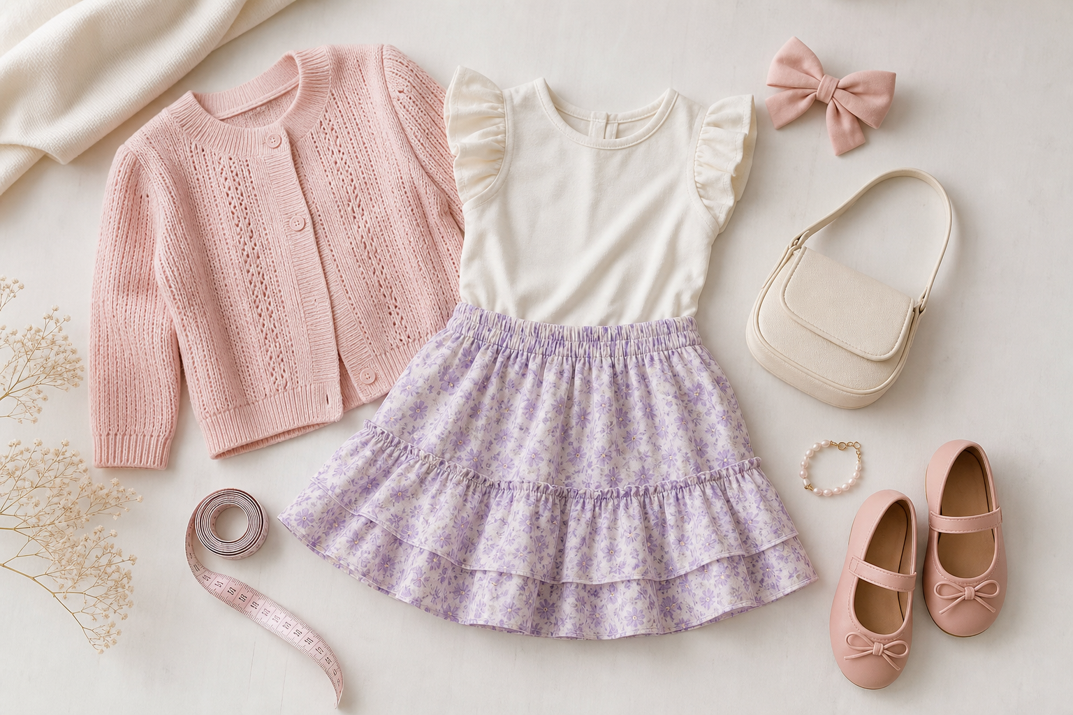 Conjunto infantil feminino com casaquinho e acessórios para passeio
