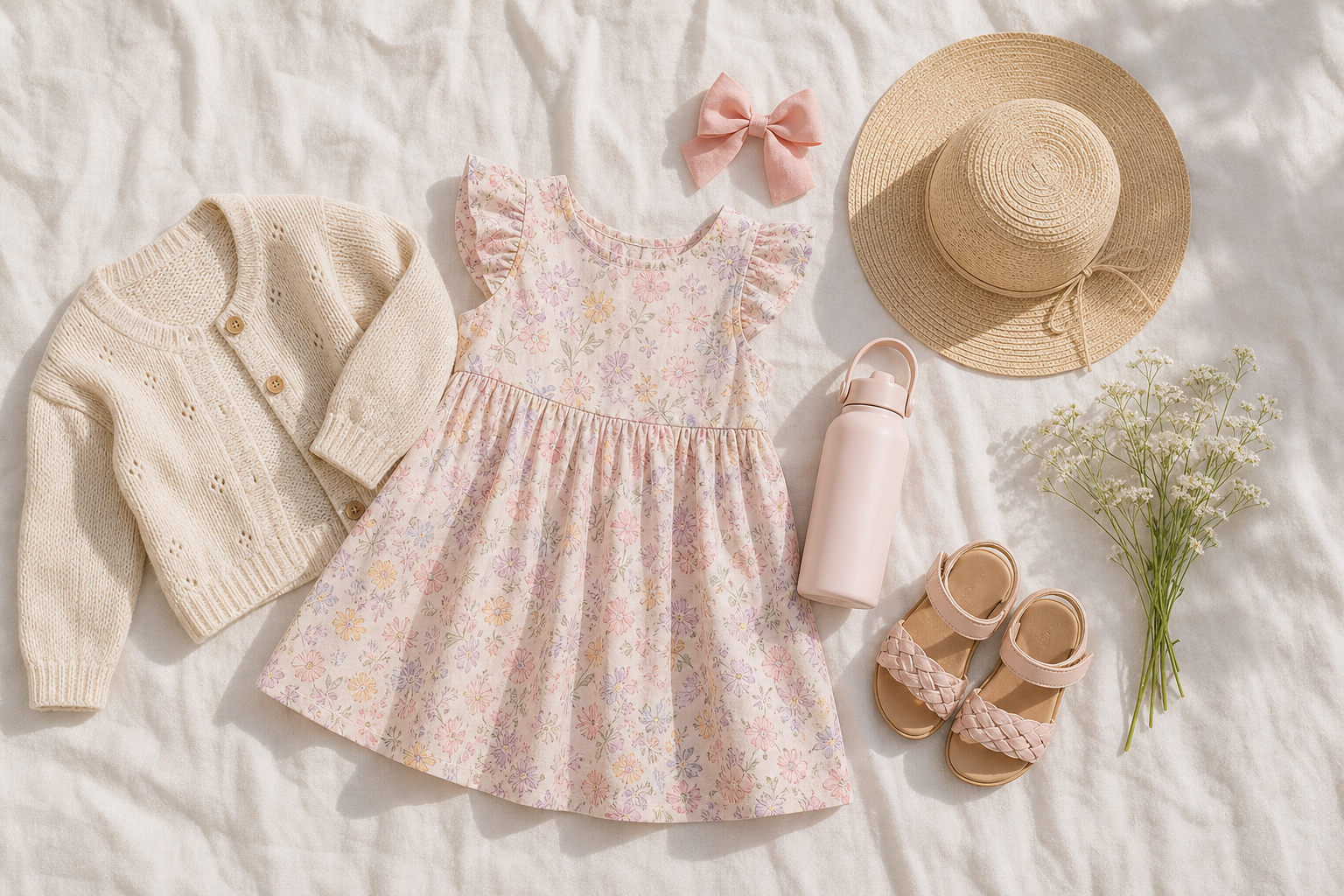 Vestido cardigan chapéu e acessórios infantis para piquenique