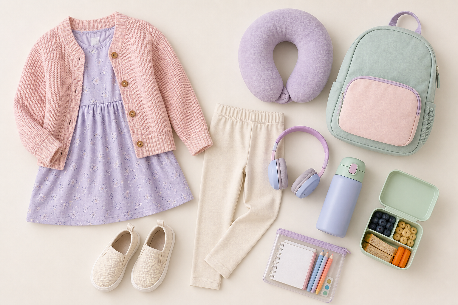 Vestido leggings cardigan sapato confortável e mochila para viagem infantil