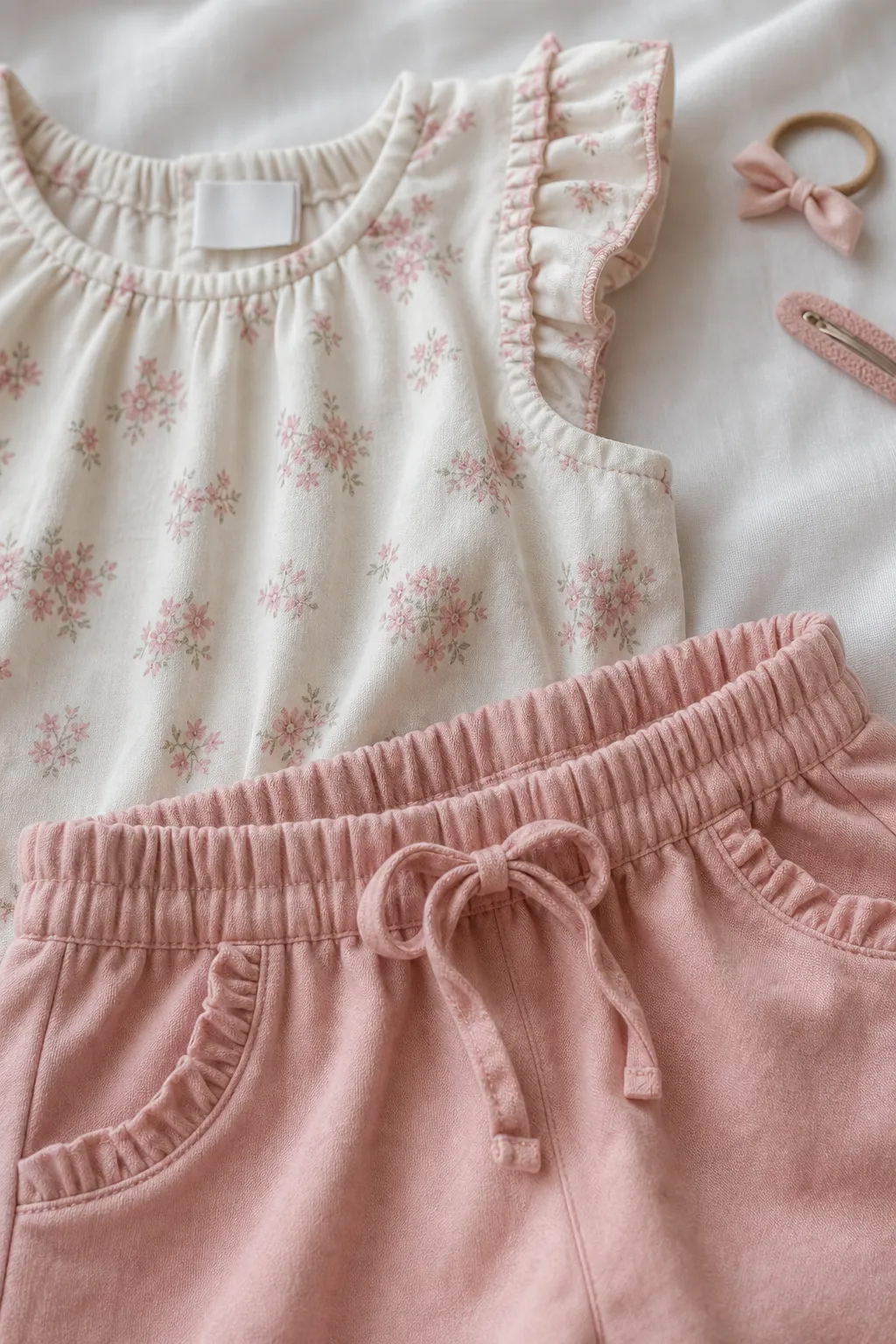 Detalhe de tecido macio, elástico confortável e acabamento de conjunto infantil feminino