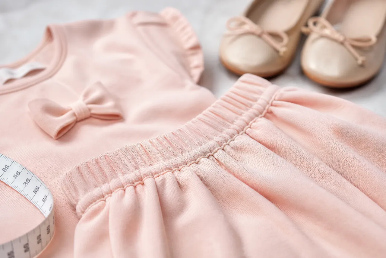 Detalhe de elástico confortável, costura e tecido macio de roupa infantil feminina