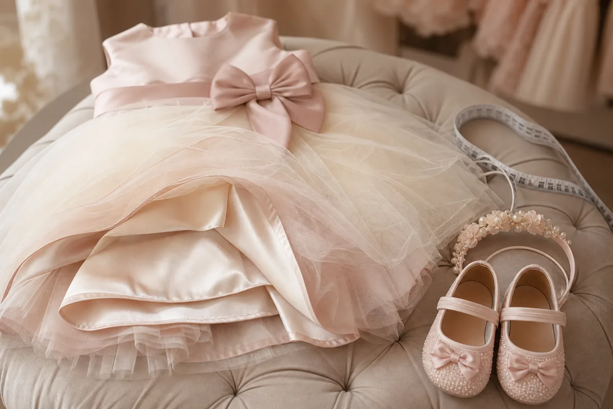 Tule, forro, laço, tiara, sapatos e fita métrica para avaliar conforto de vestido infantil de festa