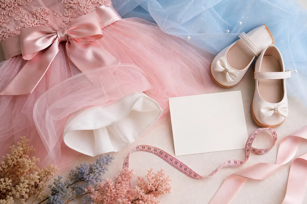 Tule, forro, laço, sapatinho infantil e fita métrica para planejar vestido infantil de festa confortável