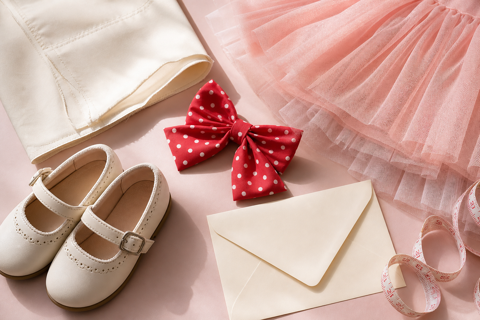 Tule, forro, laço, sapatinho infantil e fita métrica para planejar vestido de aniversário confortável