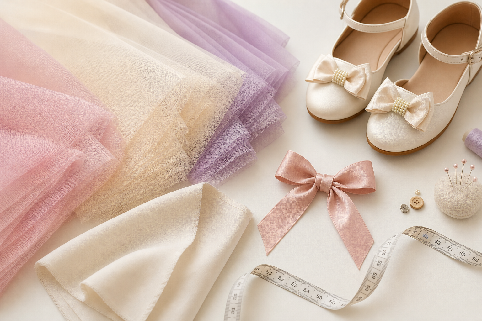 Tule, forro, sapatinhos infantis, laço e fita métrica para planejar vestido infantil de festa