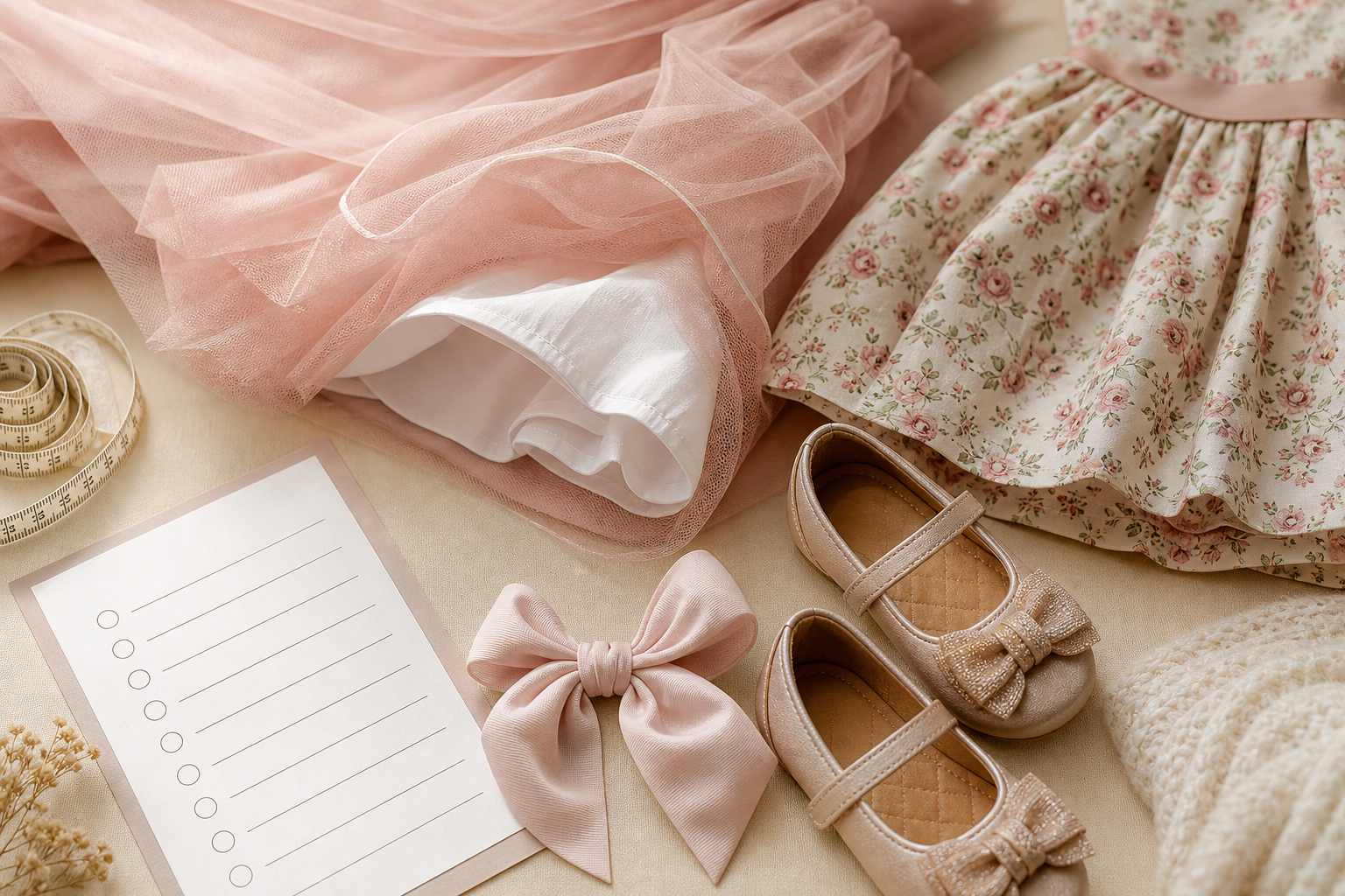 Tule, forro, sapatinhos infantis, laço e checklist em branco para planejar vestido infantil de festa